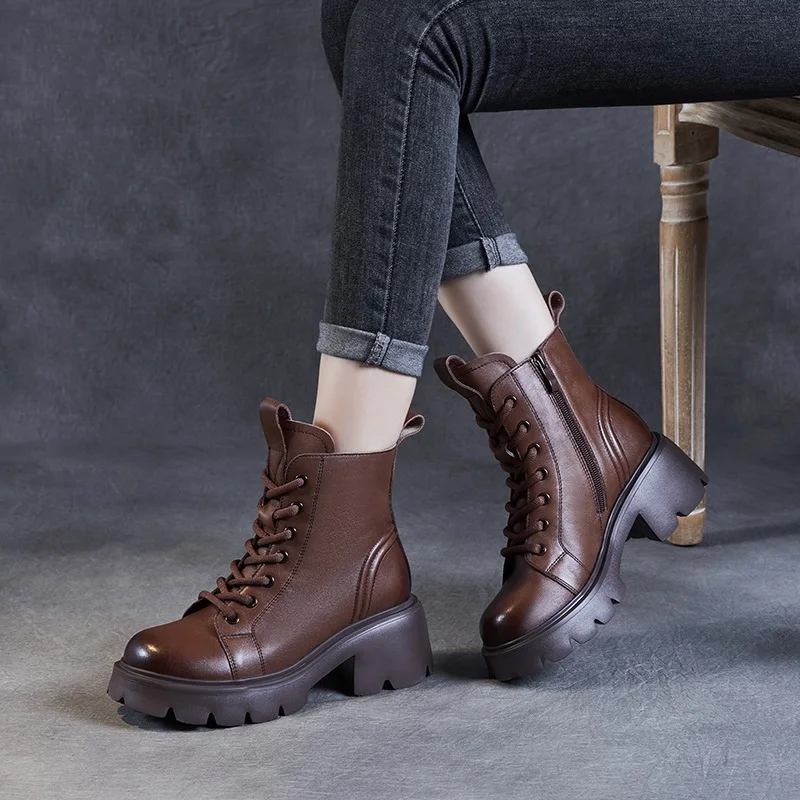 Genuine Cow Leather Ankle Boots For Women Height Increasing Thick High Heel Chunky Platform Autumn Winter Fur Warm Boots - Image 4