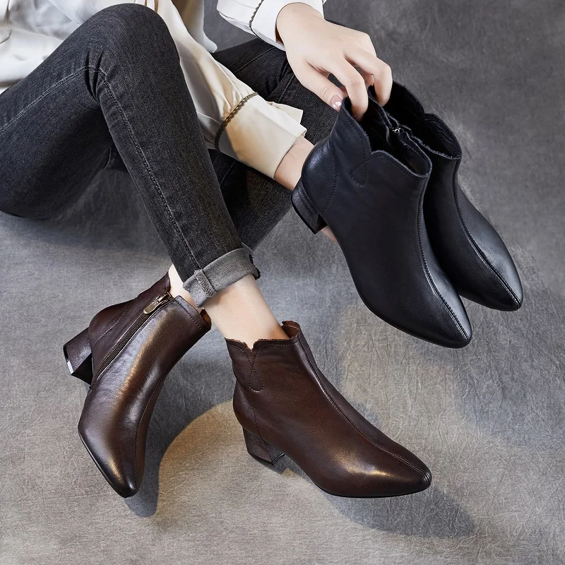 2026 Fashion Pointed Toe Ankle Boots For Women Cow Genuine Leather Thick Heel Side Zipper Trend Retro Casual Short Boots - Image 5