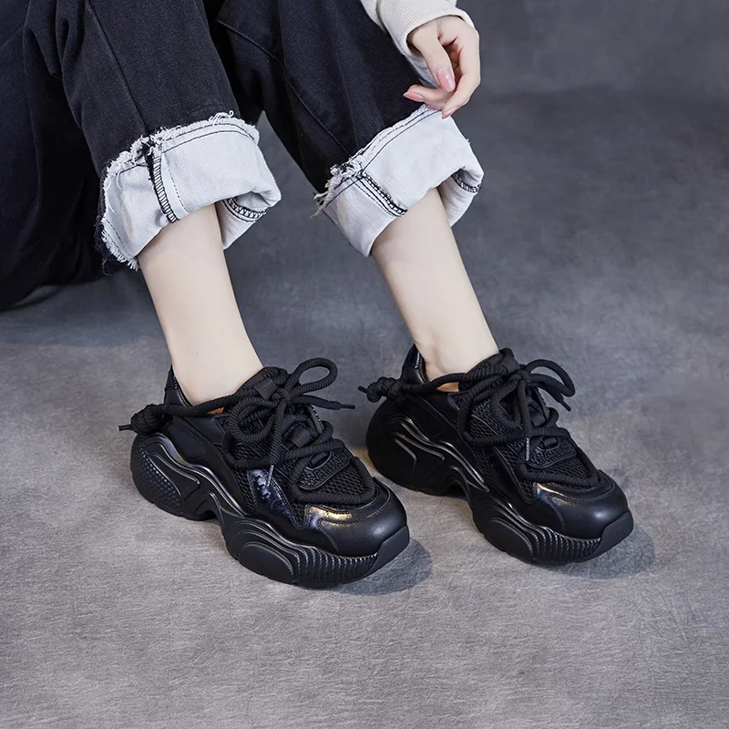 2026 Spring Summer Chunky Platform Casual Sneakers Women Genuine Leather Air Mesh Wedges Heel Lace-Up Dad Shoes Black - Image 4