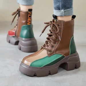 Women Thick Heel Boots Winter Warm Genuine Leather Round Toe Platform Mixed Colors Retro Style Handmade Cotton Boots