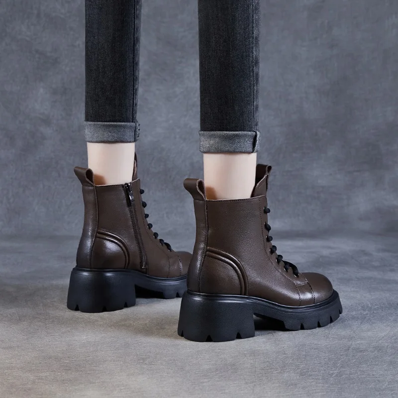 Genuine Cow Leather Ankle Boots For Women Height Increasing Thick High Heel Chunky Platform Autumn Winter Fur Warm Boots - Image 2