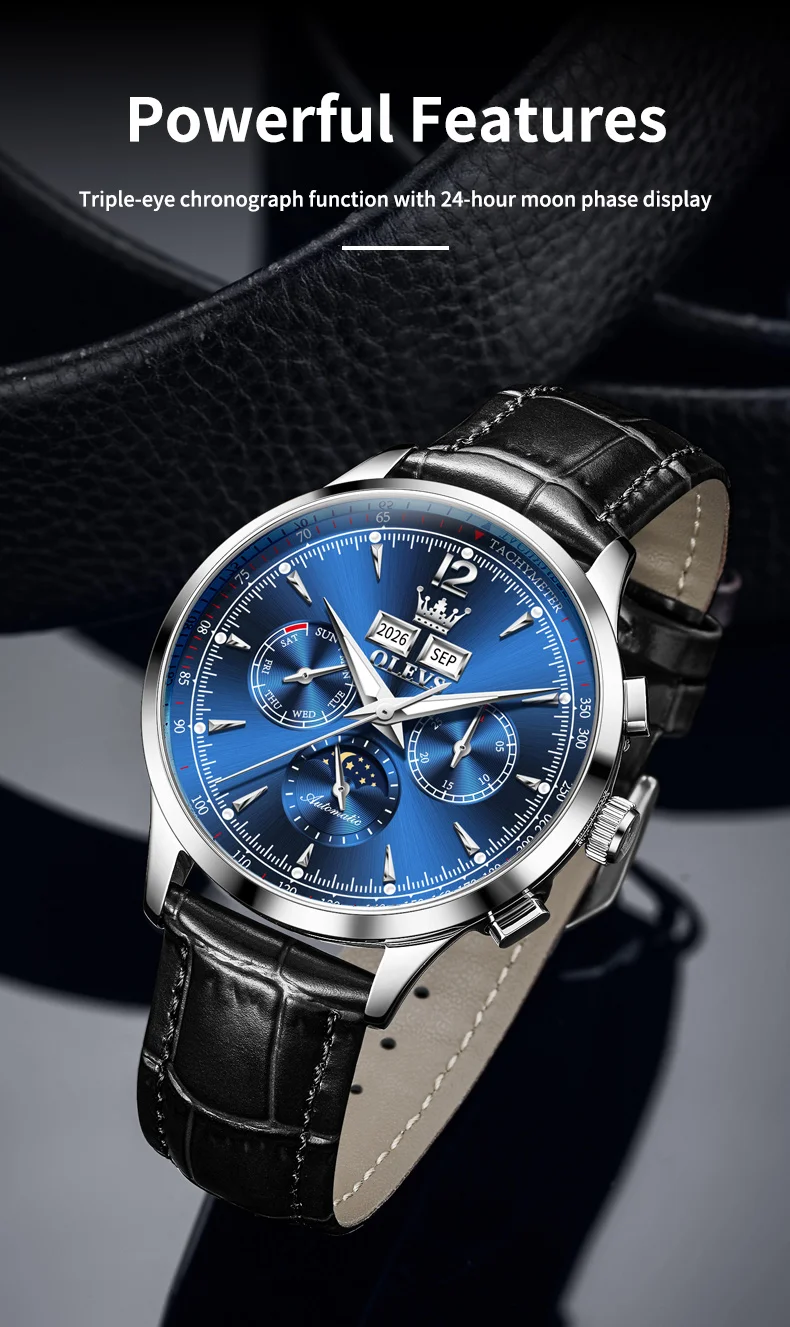 Classic Mechanical Movement Watch For Men Leather Strap 24hour Moon Phase Calendar Window Luminous Waterproof Watch - Image 7