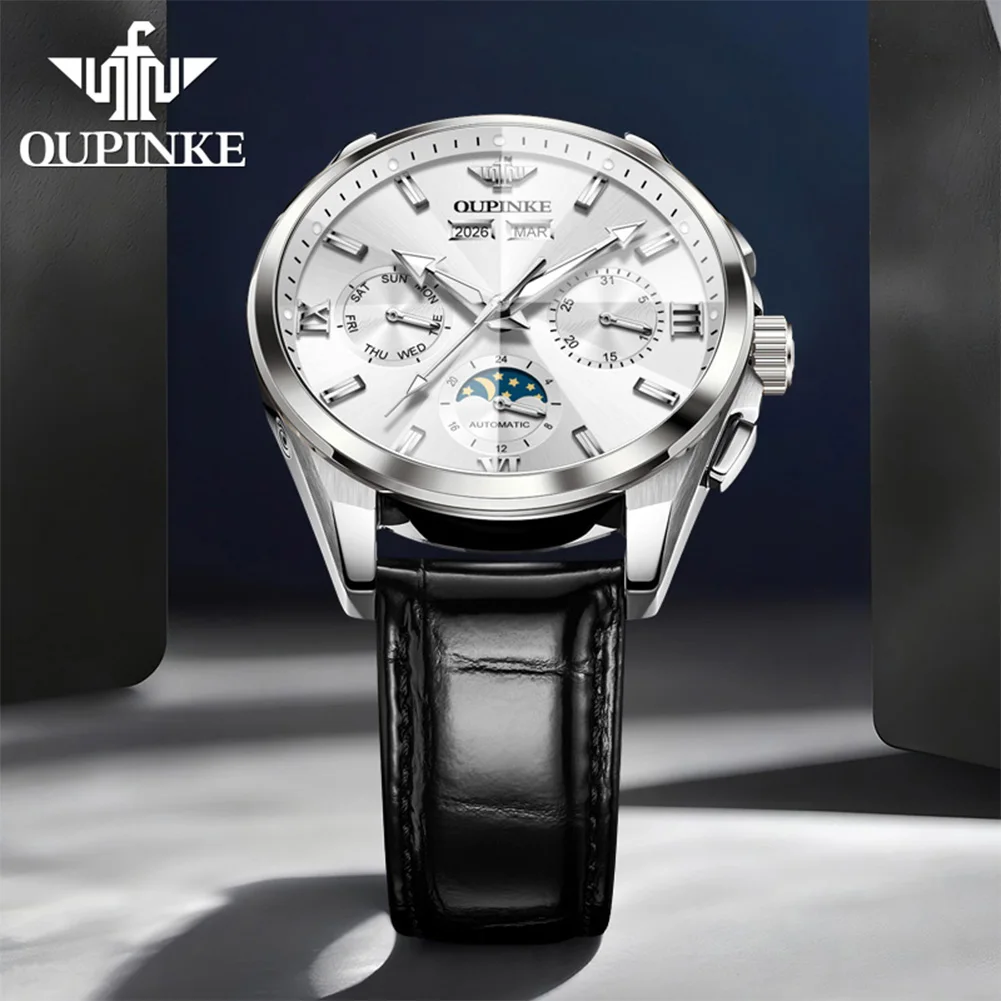 Men Watch Moon Phase Date Subdial Dialy Waterproof Diamond Shaped Mirror Stainless Steel Luminous Watch