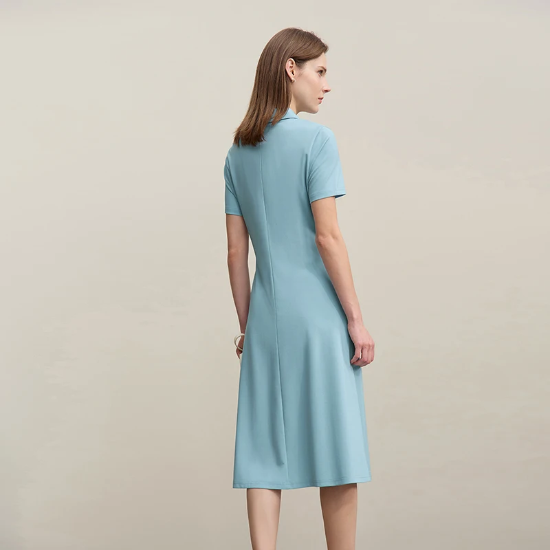 Women's Dress 2026 Summer New Lapel Collar Half Placket Knit Midi Dress Ruched Waist Casual Stretch Woman Clothing 12642006 - Image 2