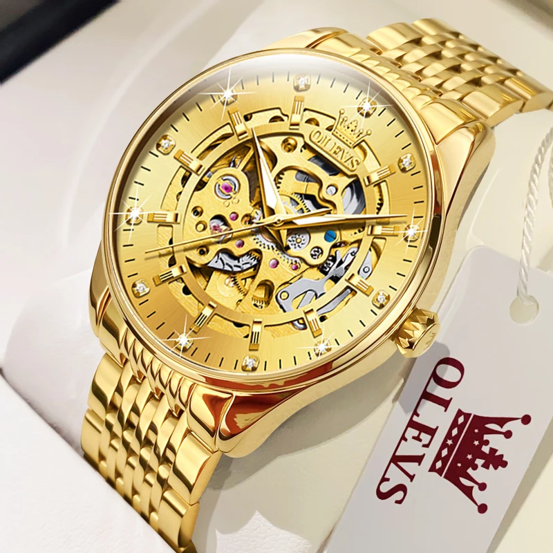 Men's Watches Luxury Gold Skeleton Automatic Mechanical Wrist Watch for Man Waterproof Stainless Steel Luminous Business - Image 6