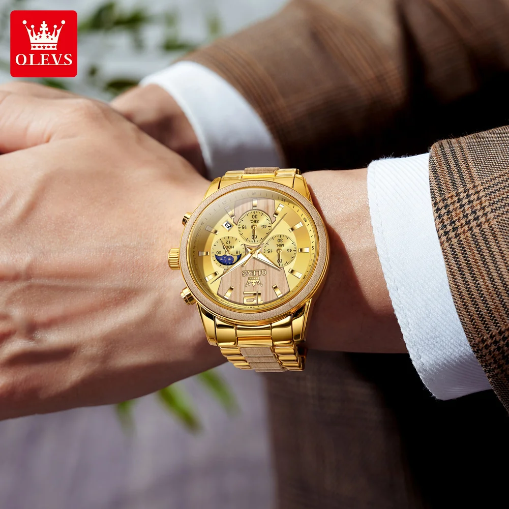 Mens Watch Top Brand Business Original Quartz Watch Solid Wood Multifunctional Chronograph Watch Moon Phase Reloj New - Image 2