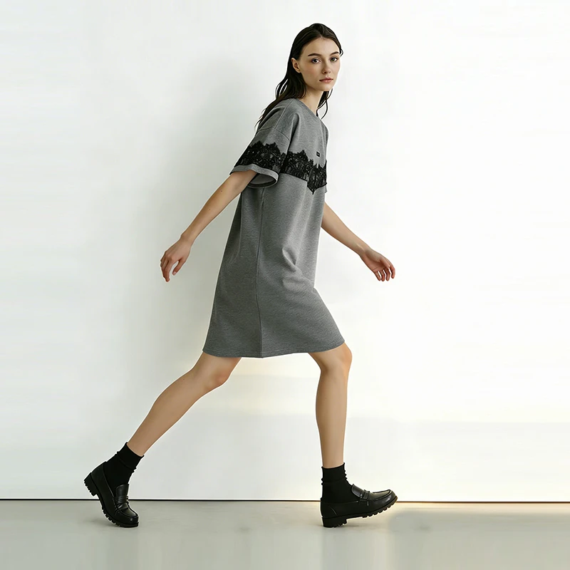 Women's Dress 2026 Summer New Lace Splicing O-Neck Drop Shoulder Short Sleeve Cotton Casual Loose Woman Dresses - Image 3