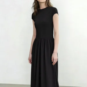 Women's Dress 2026 Summer New Round Neck Chiffon Patchwork Midi Dress Office Casual Short Sleeve Woman Clothing
