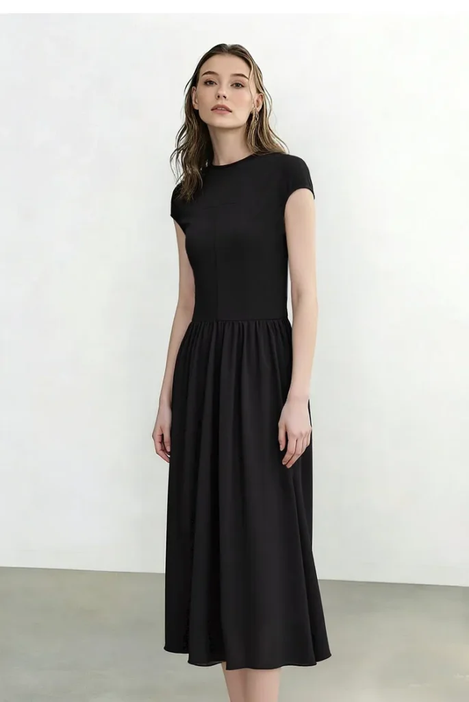 Women's Dress 2026 Summer New Round Neck Chiffon Patchwork Midi Dress Office Casual Short Sleeve Woman Clothing