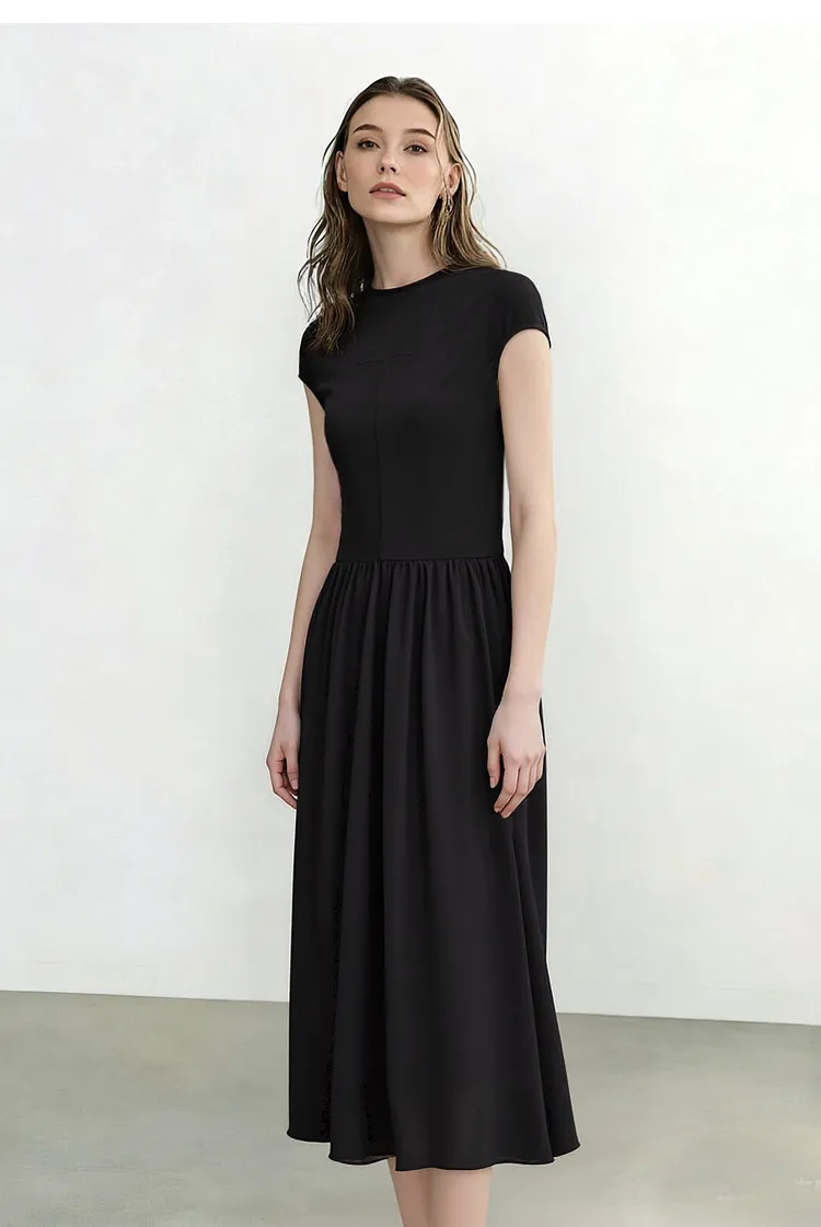 Women's Dress 2026 Summer New Round Neck Chiffon Patchwork Midi Dress Office Casual Short Sleeve Woman Clothing
