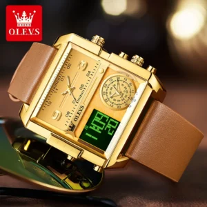 Quartz Movement Watch LED 30m Waterproof Square Dial Leather Strap 24-hour Display Alarm Set Dual Time Watch For Men