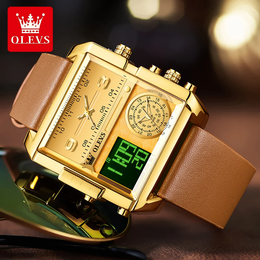 Quartz Movement Watch LED 30m Waterproof Square Dial Leather Strap 24-hour Display Alarm Set Dual Time Watch For Men