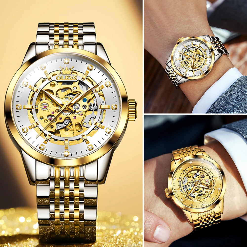 Men's Watches Luxury Gold Skeleton Automatic Mechanical Wrist Watch for Man Waterproof Stainless Steel Luminous Business - Image 4