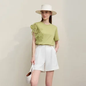 T-shirt 2026 Summer New O-Neck Moisture-Wicking Cotton Tee Asymmetric Lace Loose Short Sleeve T-shirts For Women