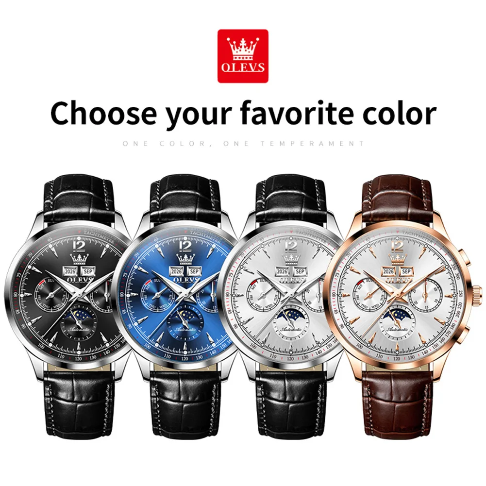 Classic Mechanical Movement Watch For Men Leather Strap 24hour Moon Phase Calendar Window Luminous Waterproof Watch - Image 5