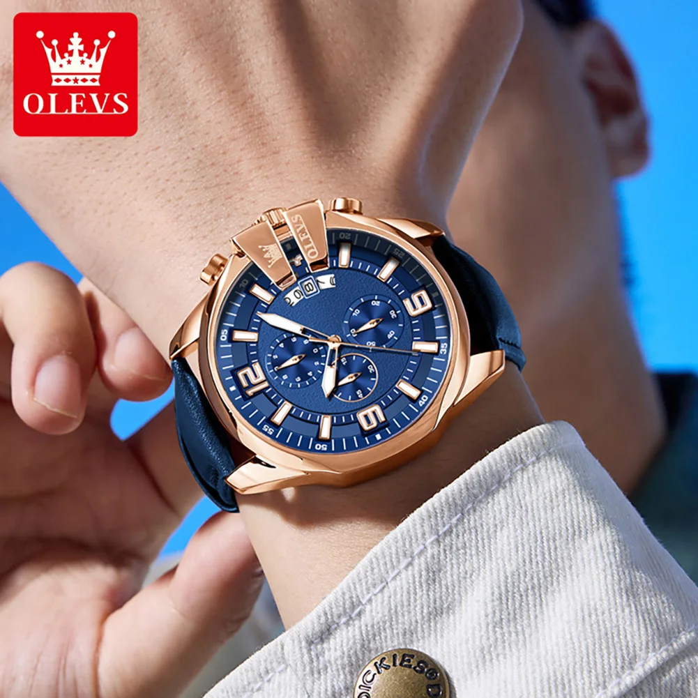 Brand Quartz Movement Watch For Men HD Luminous Chronograph Dial Leather Strap Calendar Window 30m Waterproof Watch