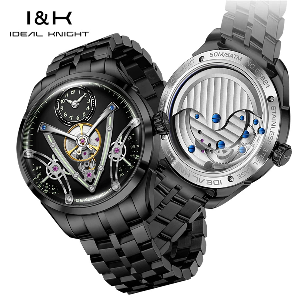 Men Automatic Mechanical Movement Night Light Display V-shaped Dial Stainless Steel Brand Crown Watch For Men