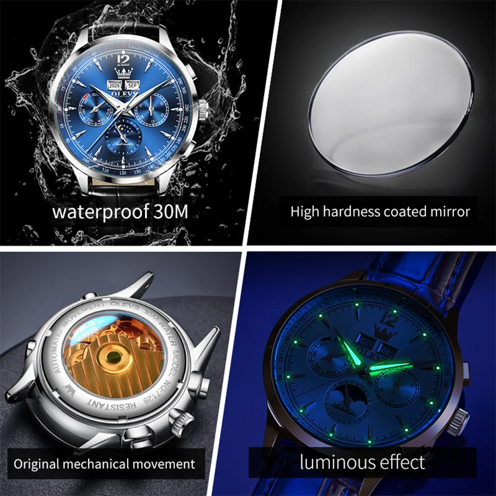 Classic Mechanical Movement Watch For Men Leather Strap 24hour Moon Phase Calendar Window Luminous Waterproof Watch - Image 4