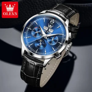 Classic Mechanical Movement Watch For Men Leather Strap 24hour Moon Phase Calendar Window Luminous Waterproof Watch