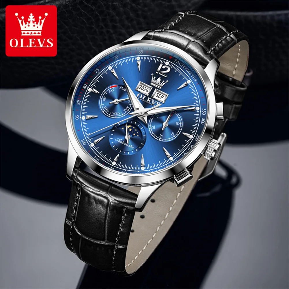 Classic Mechanical Movement Watch For Men Leather Strap 24hour Moon Phase Calendar Window Luminous Waterproof Watch