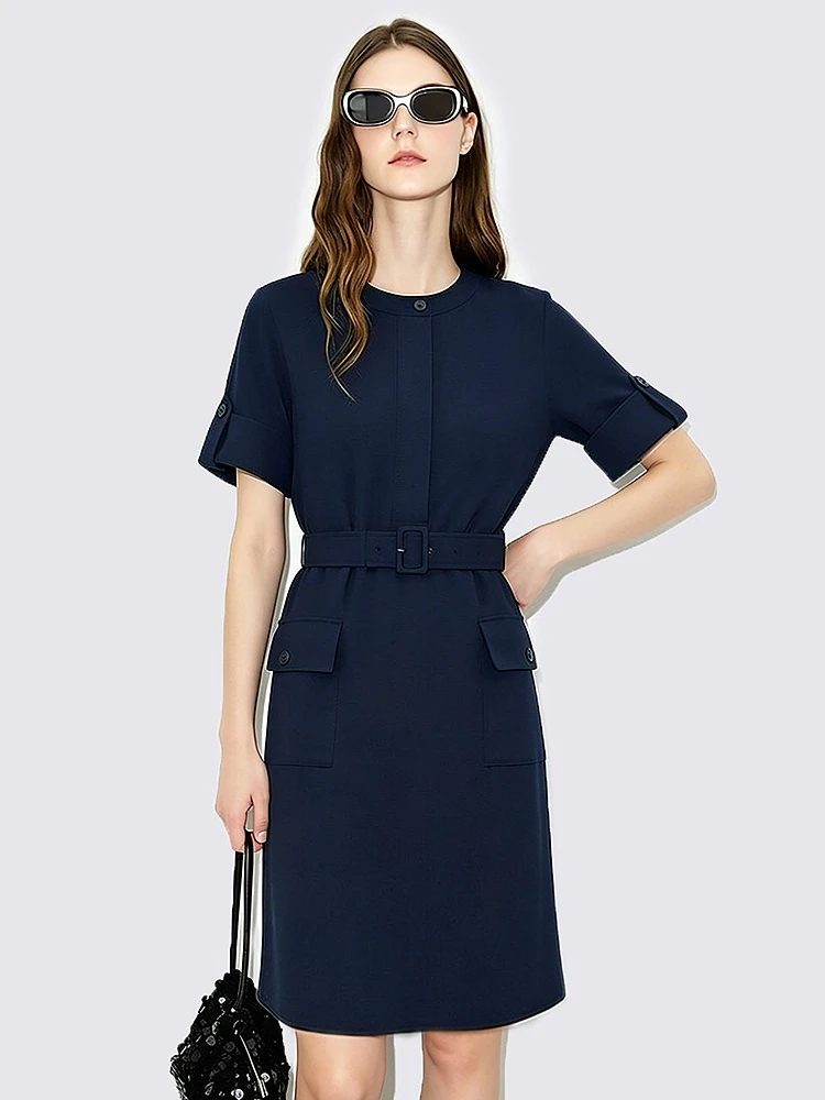 Women's Dress 2026 Summer Round Neck Dolman Sleeve Belted Wrinkle-Resistant Loose Fit Casual Mini Dress For Women