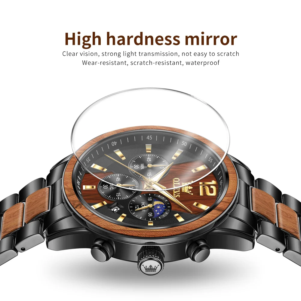 Mens Watch Top Brand Business Original Quartz Watch Solid Wood Multifunctional Chronograph Watch Moon Phase Reloj New - Image 5