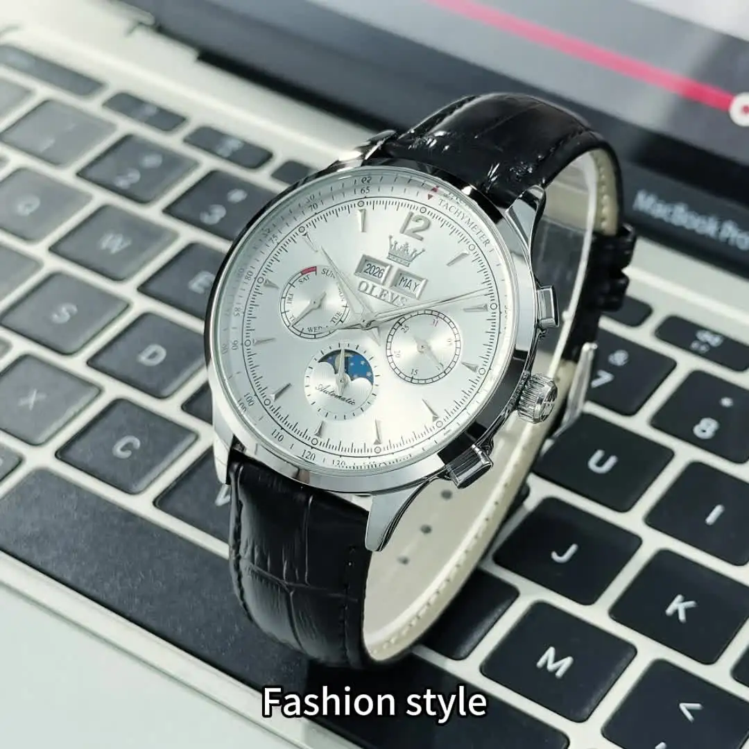 Classic Mechanical Movement Watch For Men Leather Strap 24hour Moon Phase Calendar Window Luminous Waterproof Watch - Image 8