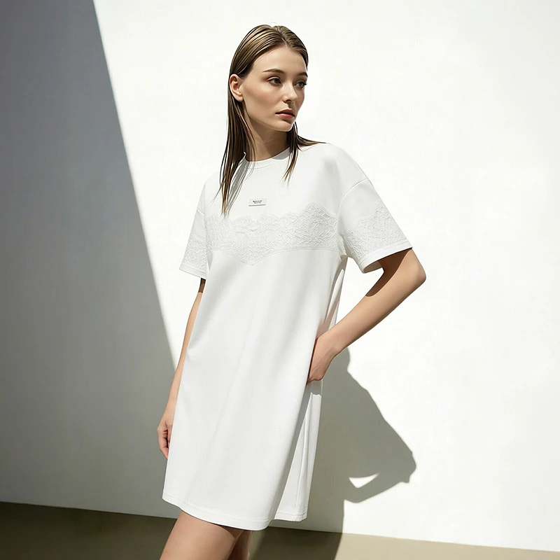 Women's Dress 2026 Summer New Lace Splicing O-Neck Drop Shoulder Short Sleeve Cotton Casual Loose Woman Dresses
