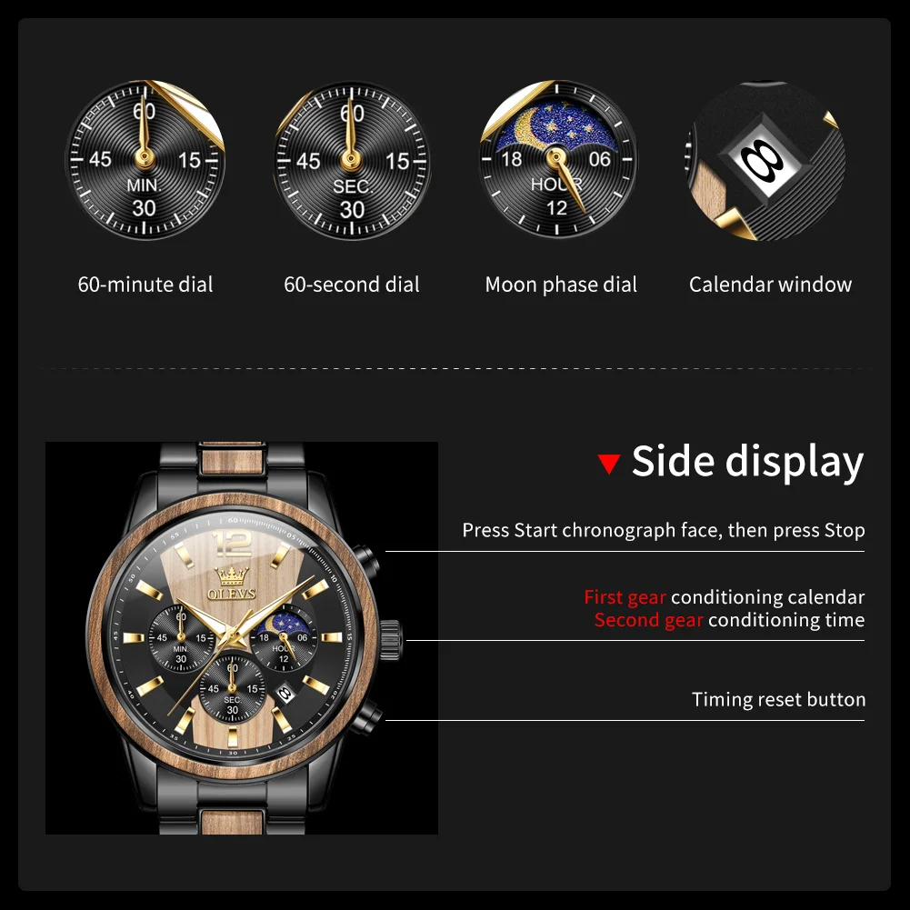 Mens Watch Top Brand Business Original Quartz Watch Solid Wood Multifunctional Chronograph Watch Moon Phase Reloj New - Image 3