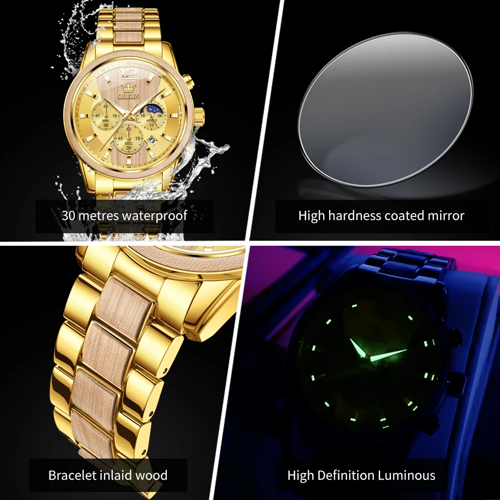 Mens Watch Top Brand Business Original Quartz Watch Solid Wood Multifunctional Chronograph Watch Moon Phase Reloj New - Image 4