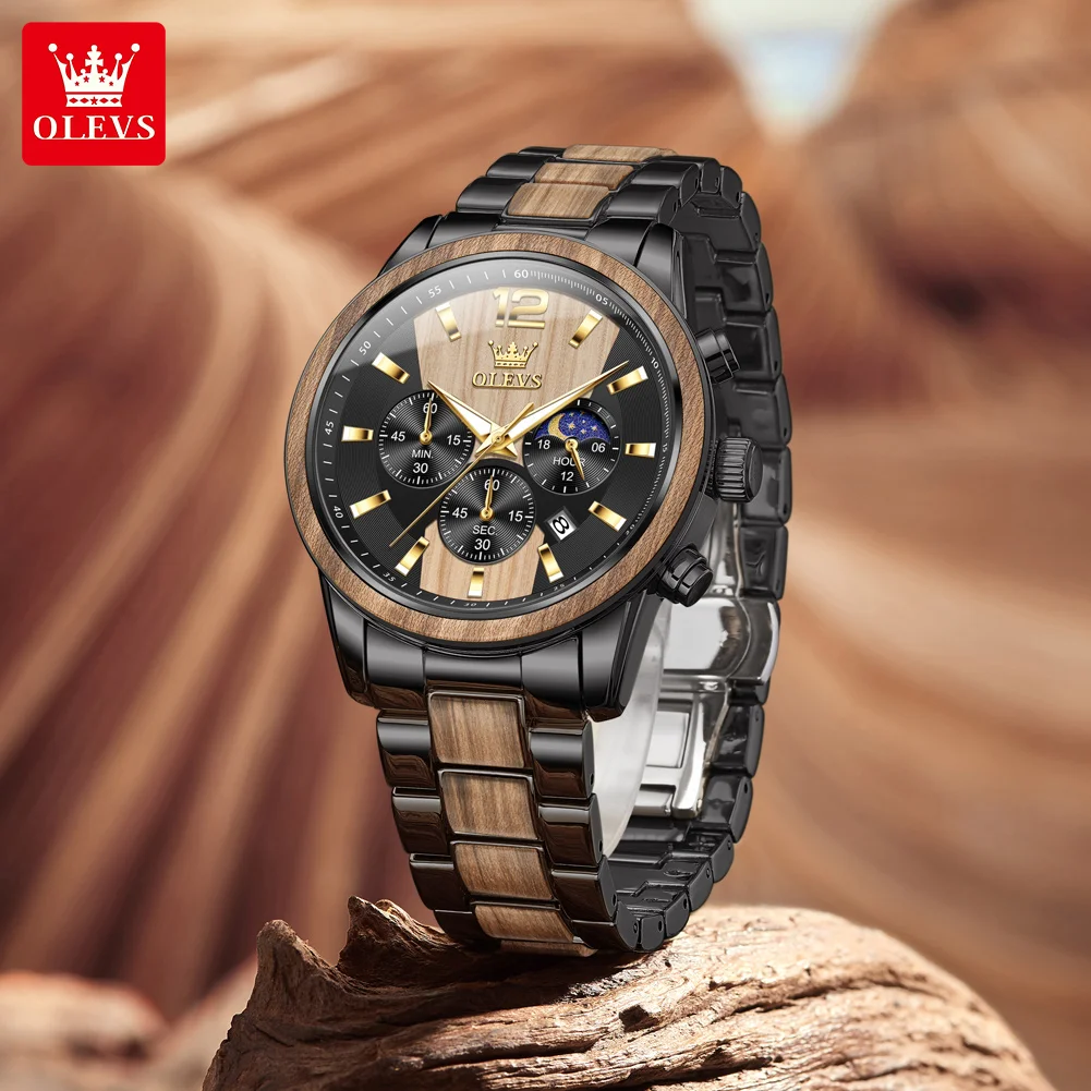 Mens Watch Top Brand Business Original Quartz Watch Solid Wood Multifunctional Chronograph Watch Moon Phase Reloj New