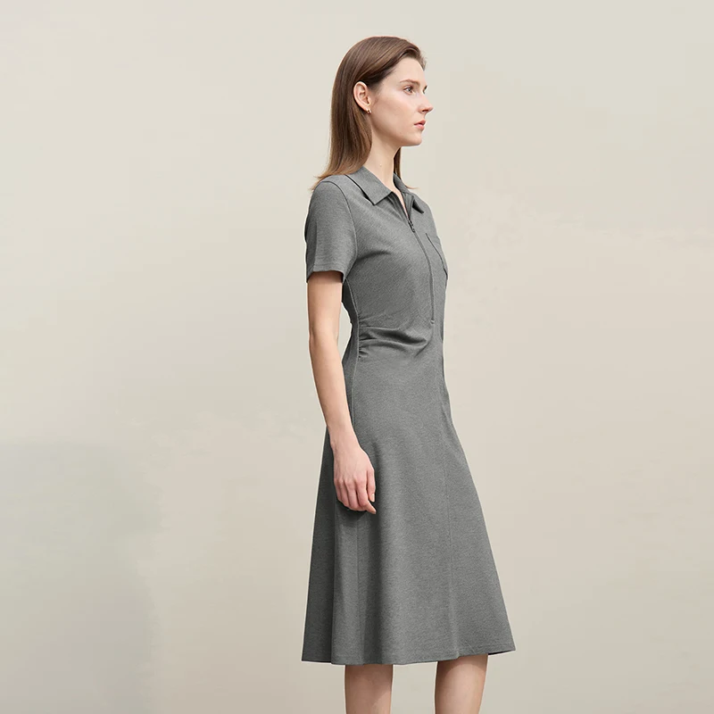 Women's Dress 2026 Summer New Lapel Collar Half Placket Knit Midi Dress Ruched Waist Casual Stretch Woman Clothing 12642006 - Image 3