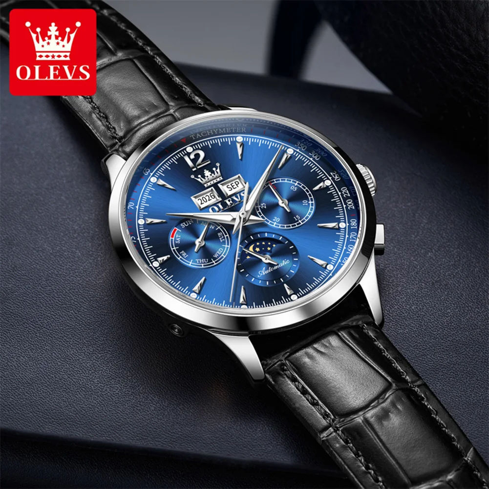 Classic Mechanical Movement Watch For Men Leather Strap 24hour Moon Phase Calendar Window Luminous Waterproof Watch - Image 2