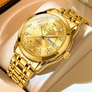 Men's Watches Fashion Gold Original Quartz Watch for Man Stainless Steel Waterproof Luminous Wrist Watch Date Week Roman