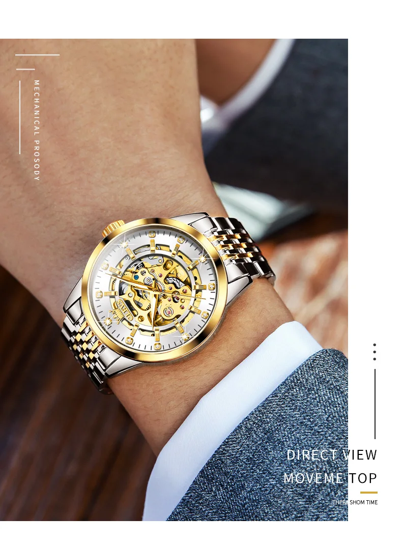 Men's Watches Luxury Gold Skeleton Automatic Mechanical Wrist Watch for Man Waterproof Stainless Steel Luminous Business - Image 8