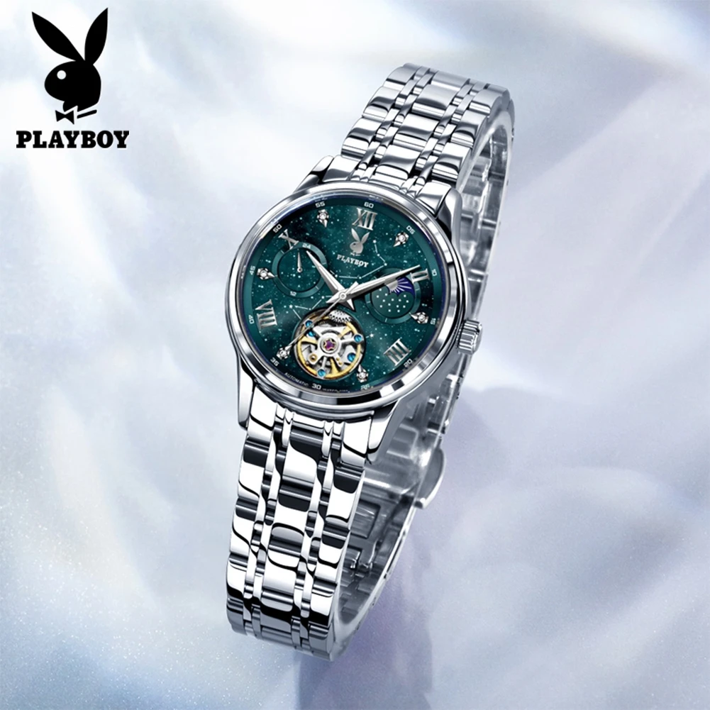 Mechanical Movement Women Watch Stainless Steel Starry Sky Skeleton Flywheel Moon Phase Luxury Brand Ladies Watch - Image 2