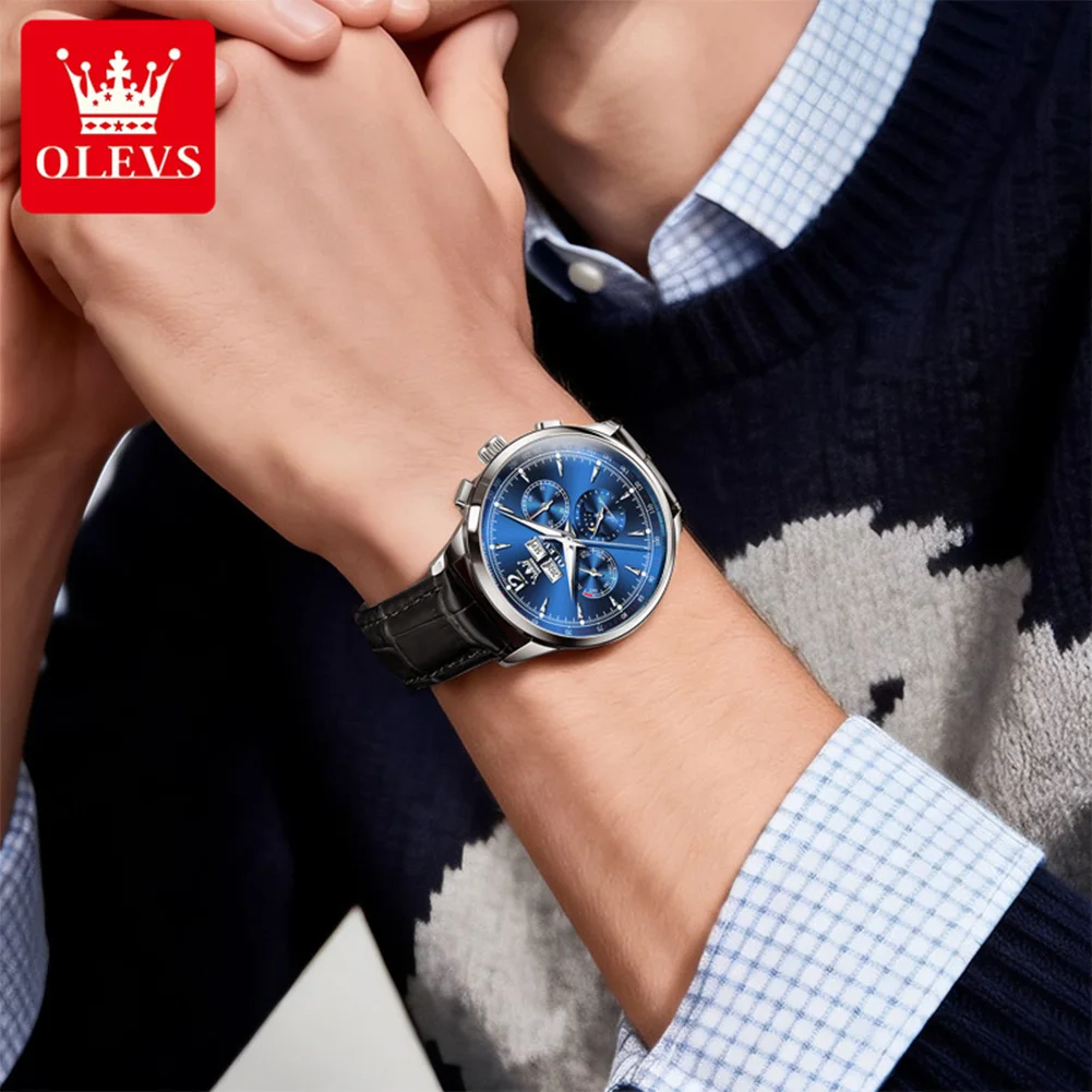 Classic Mechanical Movement Watch For Men Leather Strap 24hour Moon Phase Calendar Window Luminous Waterproof Watch - Image 3