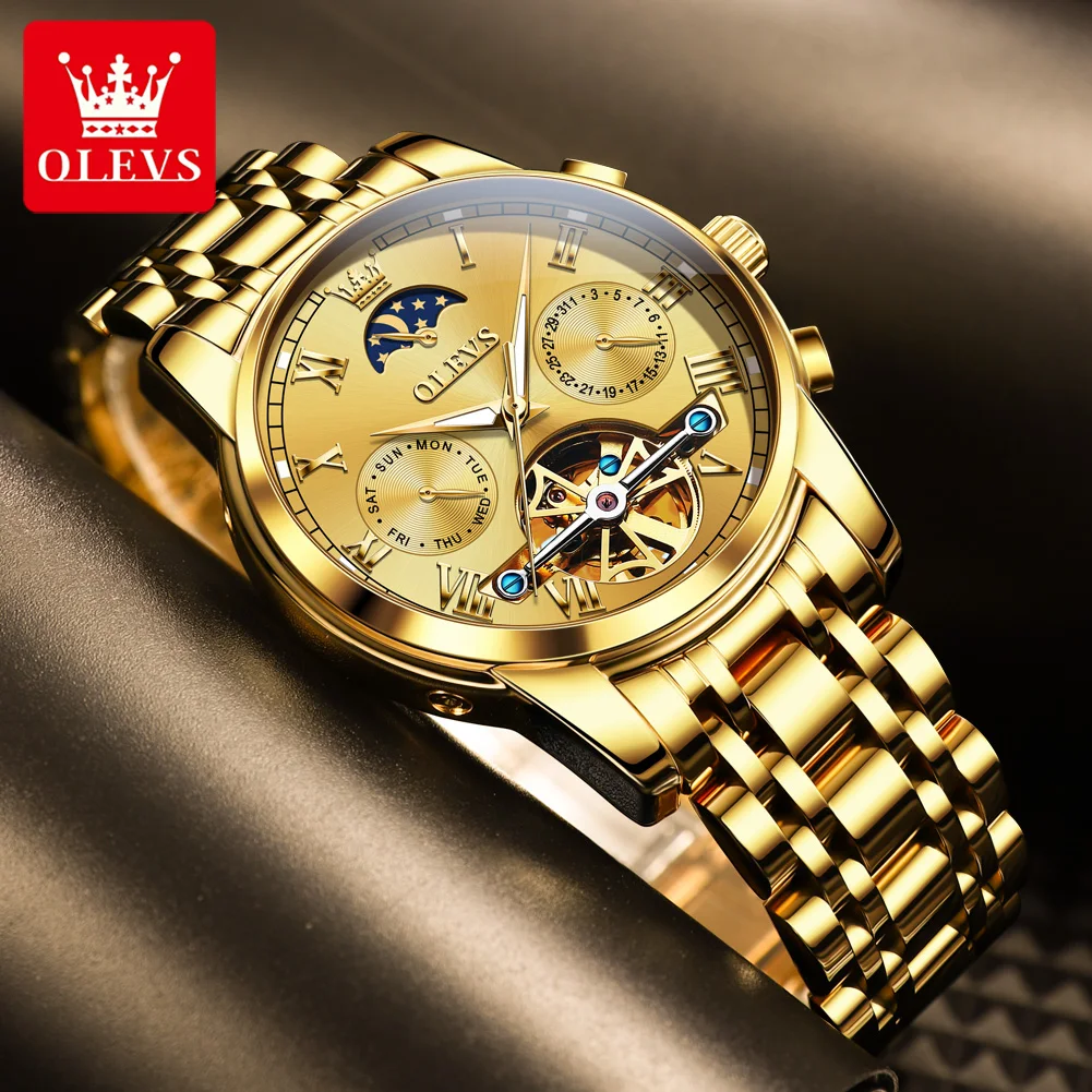 Men Watch Business Multi-functional Chronograph Moon Phase Waterproof Luxury Luminous Automatic Mechanical Watch