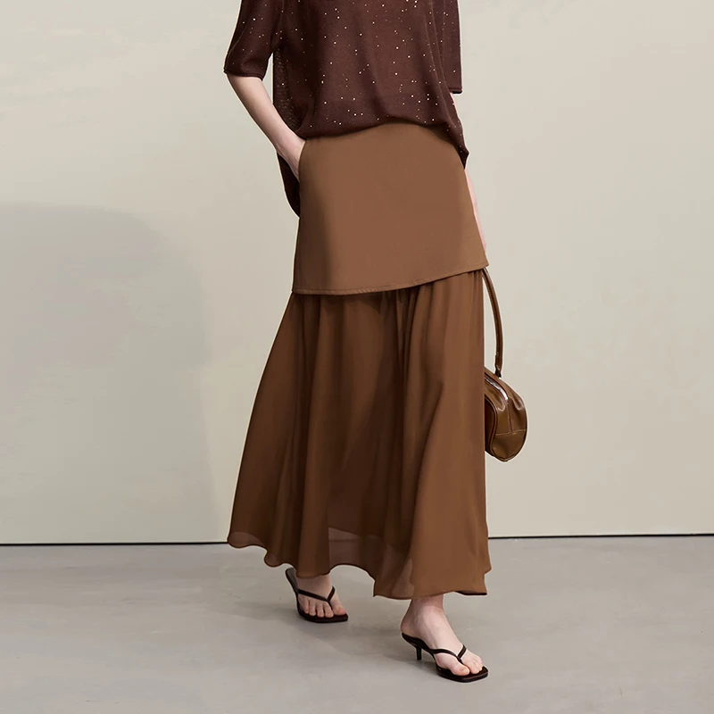 Women's Skirt 2026 Spring New Elegant Patchwork Chiffon Long Skirt Solid Color Straight Versatile Woman Clothes