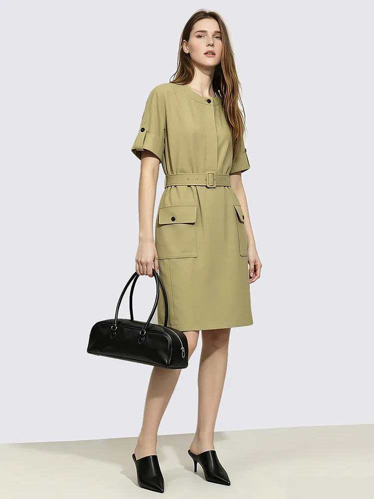 Women's Dress 2026 Summer Round Neck Dolman Sleeve Belted Wrinkle-Resistant Loose Fit Casual Mini Dress For Women - Image 5