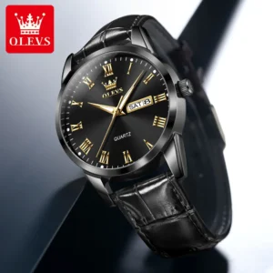 Men Women Quartz Movement Watch Night Light Function Leather Strap 30m Waterproof Calendar Window Display Watch