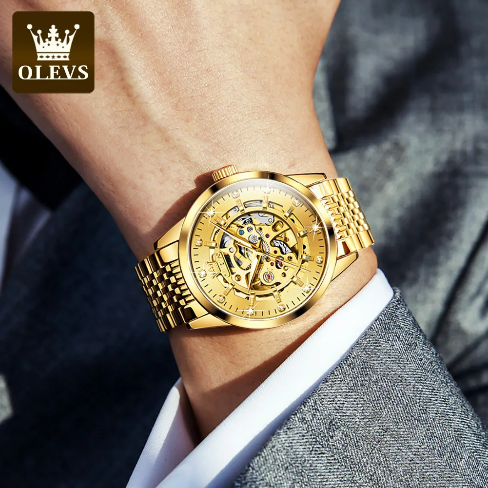 Men's Watches Luxury Gold Skeleton Automatic Mechanical Wrist Watch for Man Waterproof Stainless Steel Luminous Business