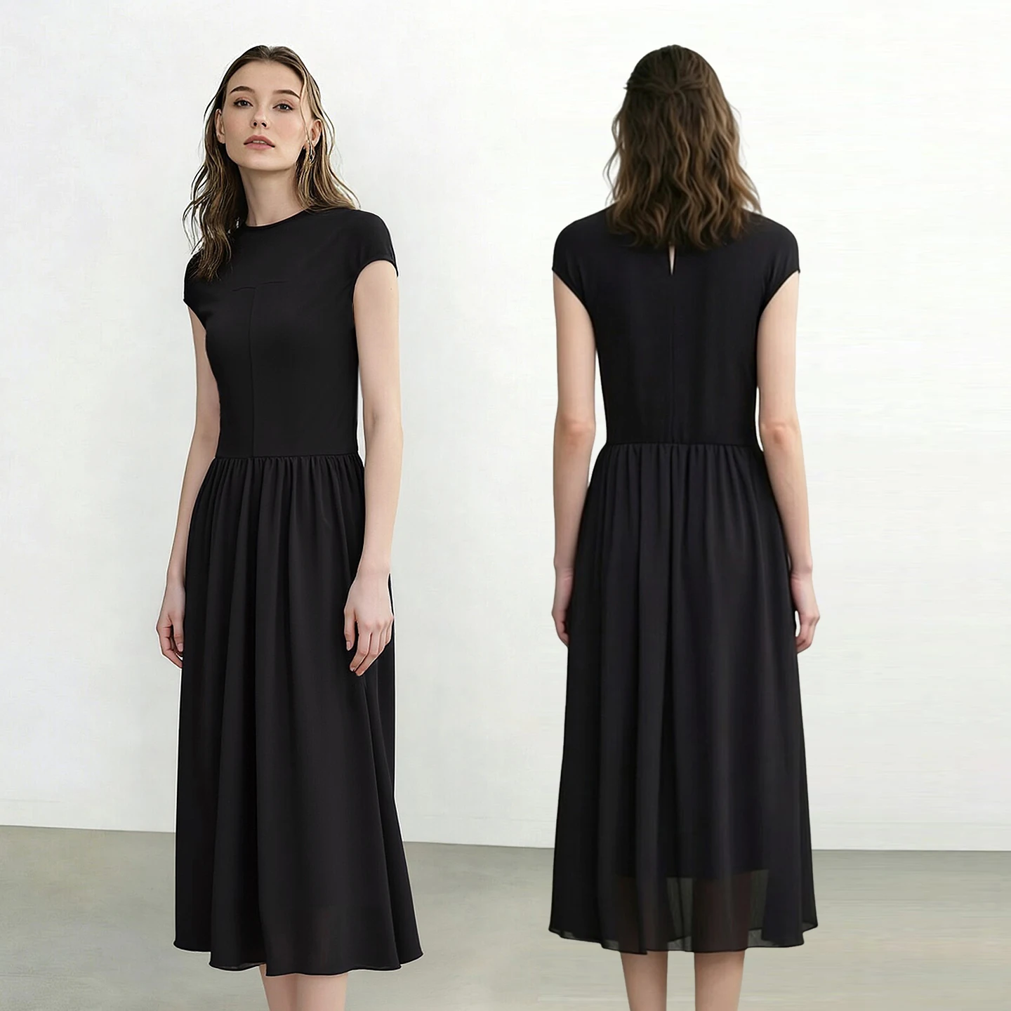 Women's Dress 2026 Summer New Round Neck Chiffon Patchwork Midi Dress Office Casual Short Sleeve Woman Clothing - Image 2