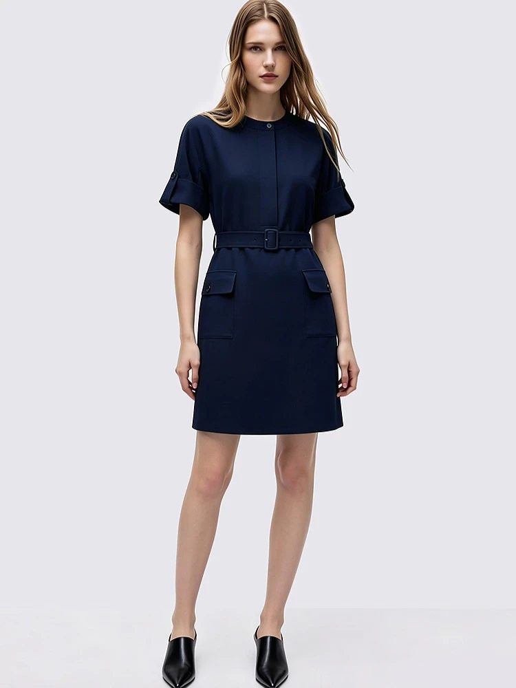 Women's Dress 2026 Summer Round Neck Dolman Sleeve Belted Wrinkle-Resistant Loose Fit Casual Mini Dress For Women - Image 3