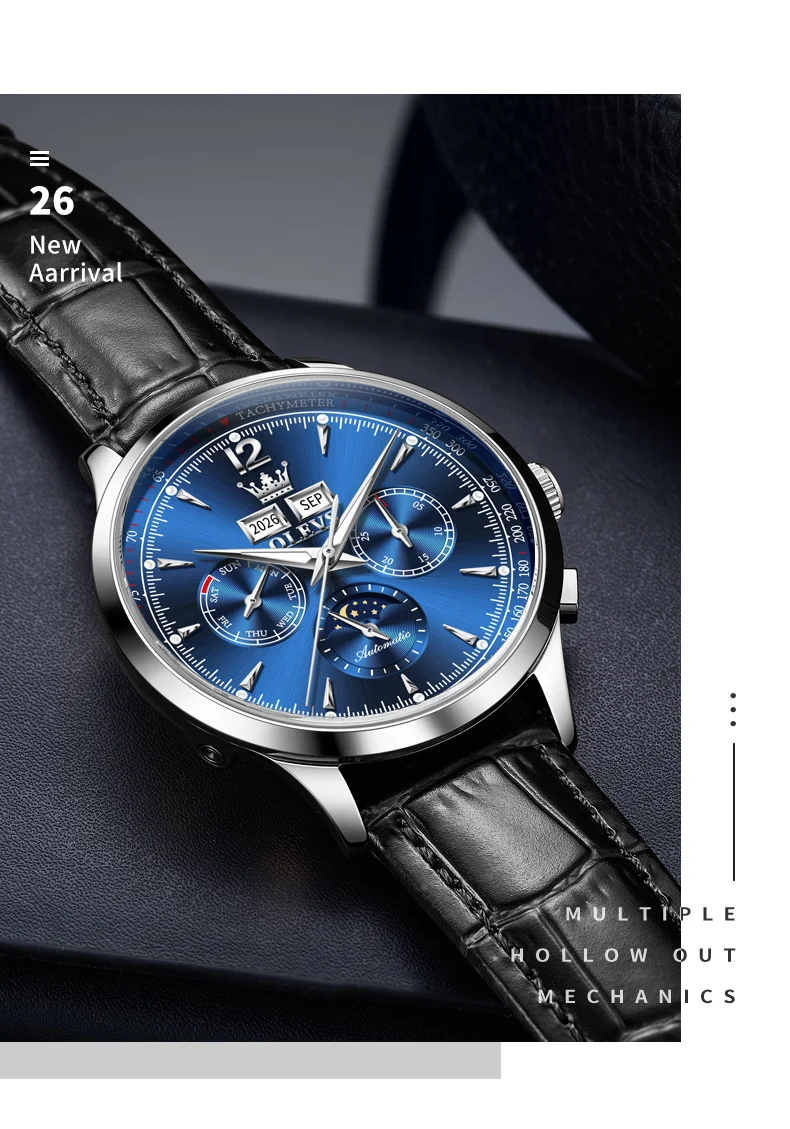 Classic Mechanical Movement Watch For Men Leather Strap 24hour Moon Phase Calendar Window Luminous Waterproof Watch - Image 6