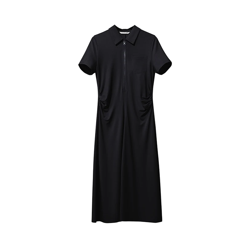 Women's Dress 2026 Summer New Lapel Collar Half Placket Knit Midi Dress Ruched Waist Casual Stretch Woman Clothing 12642006 - Image 5