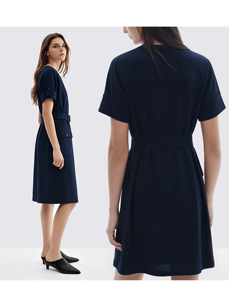 Women's Dress 2026 Summer Round Neck Dolman Sleeve Belted Wrinkle-Resistant Loose Fit Casual Mini Dress For Women - Image 2