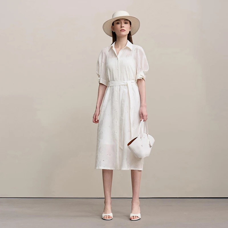 Women's Dress 2026 Spring New Casual A-Line Loose Long Dress Women's Embroidery Short Sleeve Belted Woman Clothing