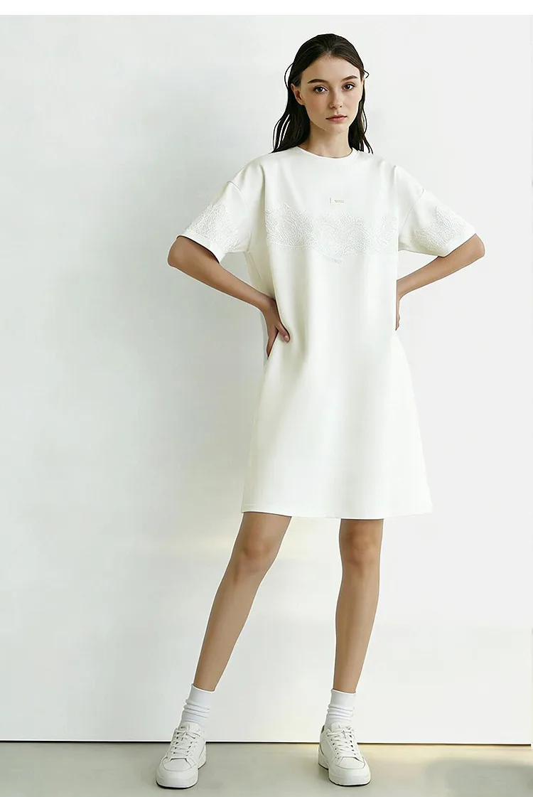 Women's Dress 2026 Summer New Lace Splicing O-Neck Drop Shoulder Short Sleeve Cotton Casual Loose Woman Dresses - Image 5
