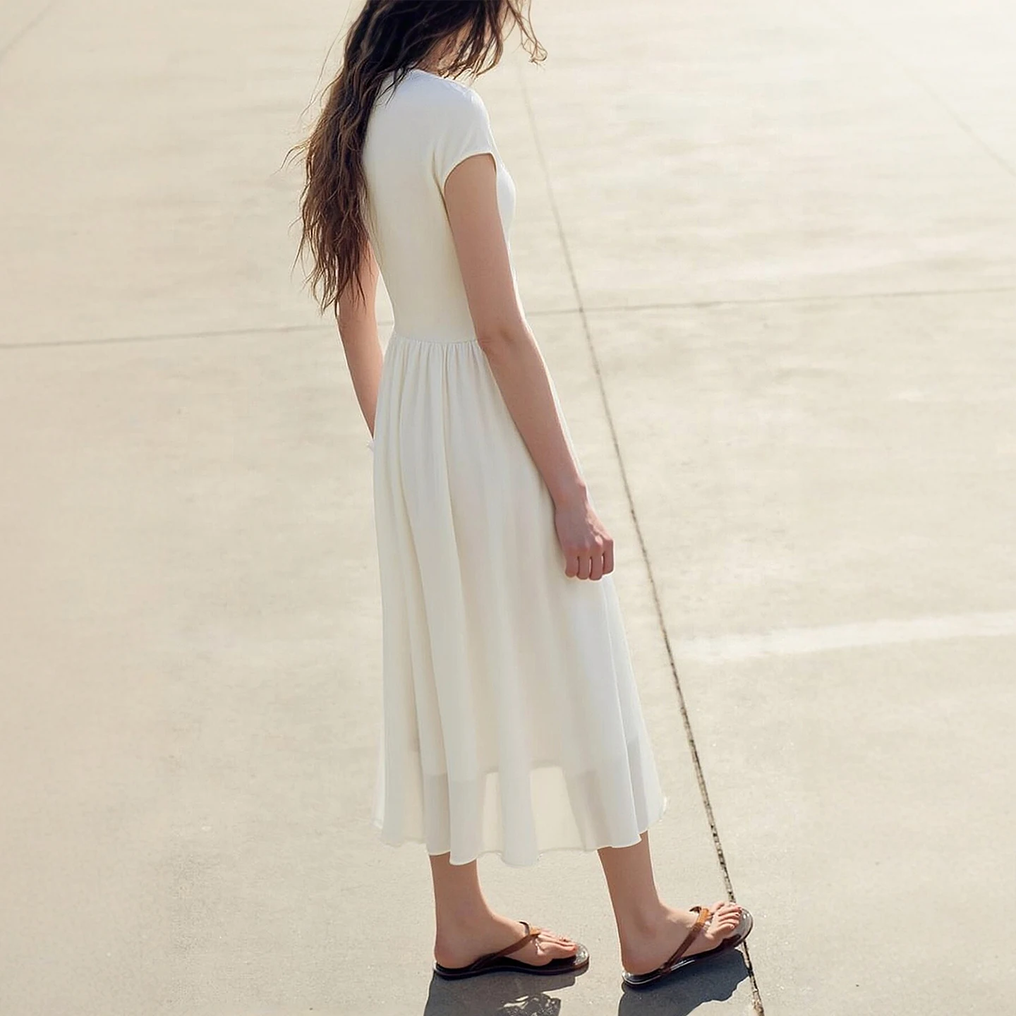 Women's Dress 2026 Summer New Round Neck Chiffon Patchwork Midi Dress Office Casual Short Sleeve Woman Clothing - Image 3